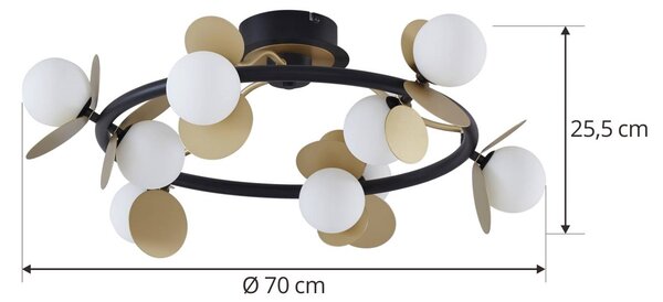 Lucande LED mennyezeti lámpa Pallo, 9 lámpás, fekete/arany, üveg, dimmelhető, Fekete, Nappali / Étkező, fém, Modern