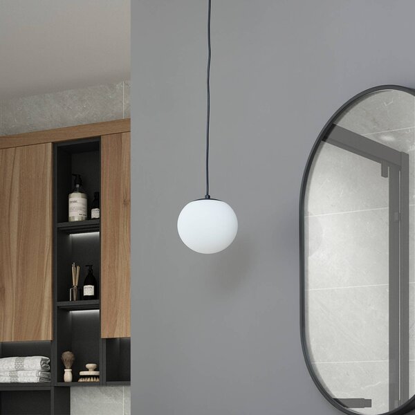 Lucande függesztett lámpa Bidolo, fekete, üveg, Ø 15 cm, IP44, dimmelhető, Fehér / opál, Fürdőszoba, Üveg