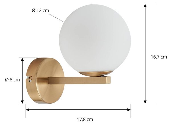 Lucande fali lámpa Bidolo, sárgaréz színű, üveg, 12 cm, IP44, dimmelhető, Sárgaréz / arany, Fürdőszoba, fém