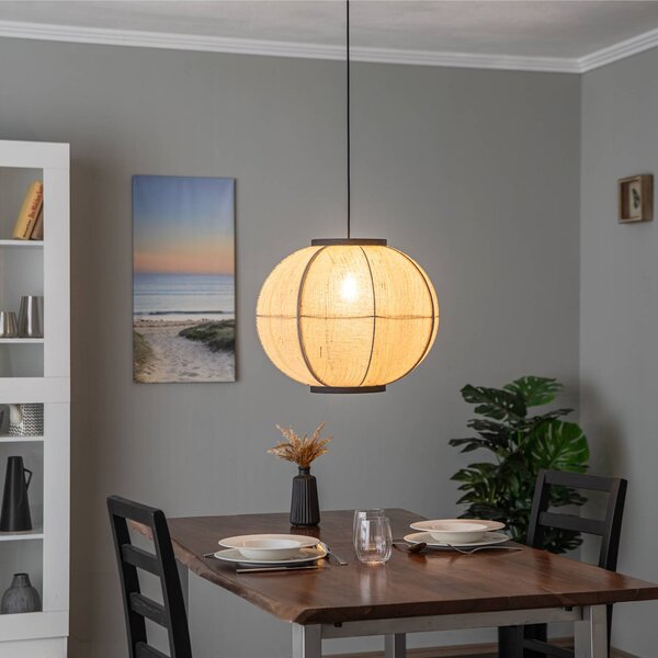 Lindby függőlámpa Aurinil, fa színű, vászon, Ø 48cm, E27, dimmelhető, Világos fa, Nappali / Étkező, Textil / szövet / selyem, Vidéki otthon / Rusztikus