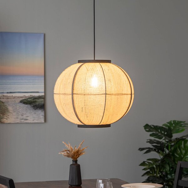 Lindby függőlámpa Aurinil, fa színű, vászon, Ø 48cm, E27, dimmelhető, Világos fa, Nappali / Étkező, Textil / szövet / selyem, Vidéki otthon / Rusztikus