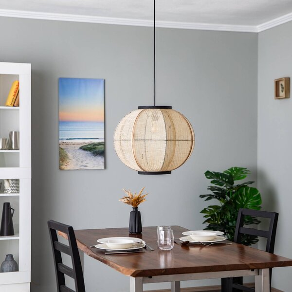 Lindby függőlámpa Aurinil, fa színű, vászon, Ø 48cm, E27, dimmelhető, Világos fa, Nappali / Étkező, Textil / szövet / selyem, Vidéki otthon / Rusztikus