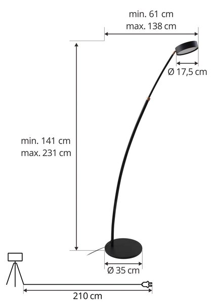 Lucande LED ívlámpa Boga, fekete, fém, dimmelhető, dimmelhető, Fekete, Nappali / Étkező, fém, Modern