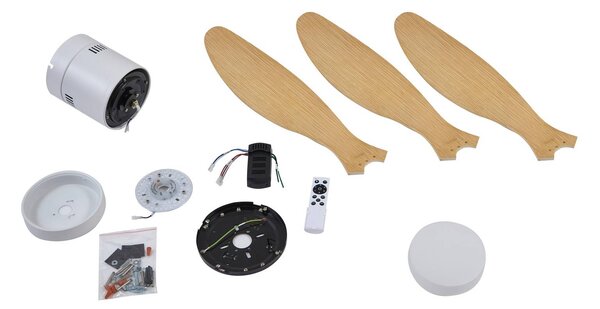 Lucande LED mennyezeti ventilátor Kayu, fehér/fa, DC, 132 cm, Világos fa, Nappali / Étkező, Műanyag, Modern