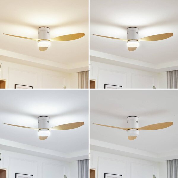 Lucande LED mennyezeti ventilátor Kayu, fehér/fa, DC, 132 cm, Világos fa, Nappali / Étkező, Műanyag, Modern