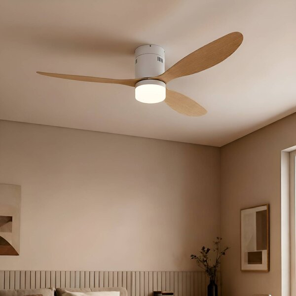 Lucande LED mennyezeti ventilátor Kayu, fehér/fa, DC, 132 cm, Világos fa, Nappali / Étkező, Műanyag, Modern