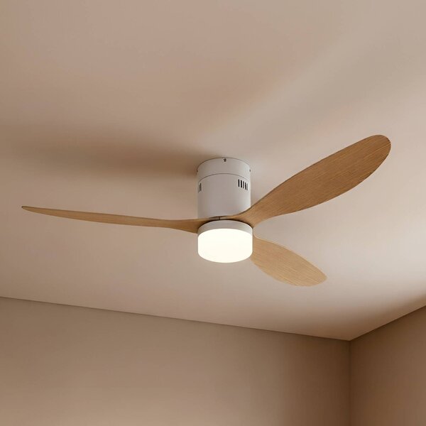Lucande LED mennyezeti ventilátor Kayu, fehér/fa, DC, 132 cm, Világos fa, Nappali / Étkező, Műanyag, Modern