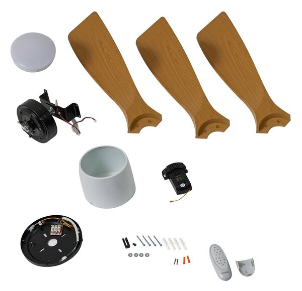Lucande Smart LED mennyezeti ventilátor Moneno, fehér/fa, Tuya, dimmelhető, Világos fa, Nappali / Étkező, fém, Modern