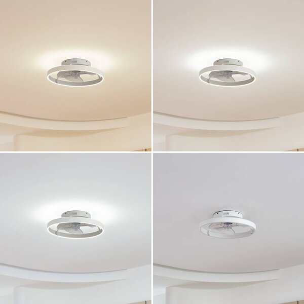 Lindby Momitu LED mennyezeti ventilátor, fehér, alumínium, Ø 50 cm, dimmelhető, Fehér / opál, Nappali / Étkező, Alumínium, Modern