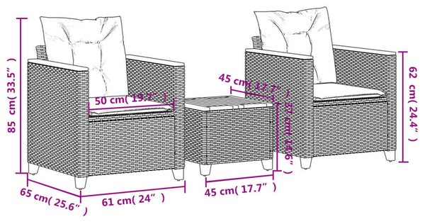 VidaXL 3 részes szürke polyrattan és akácfa bisztrószett párnákkal