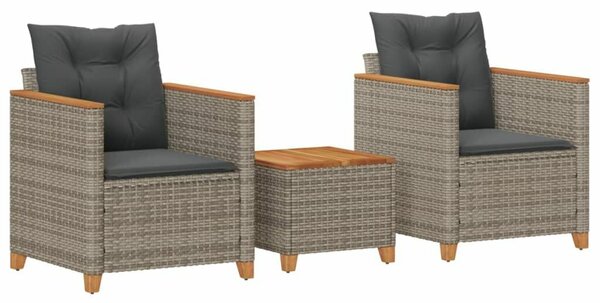 VidaXL 3 részes szürke polyrattan és akácfa bisztrószett párnákkal