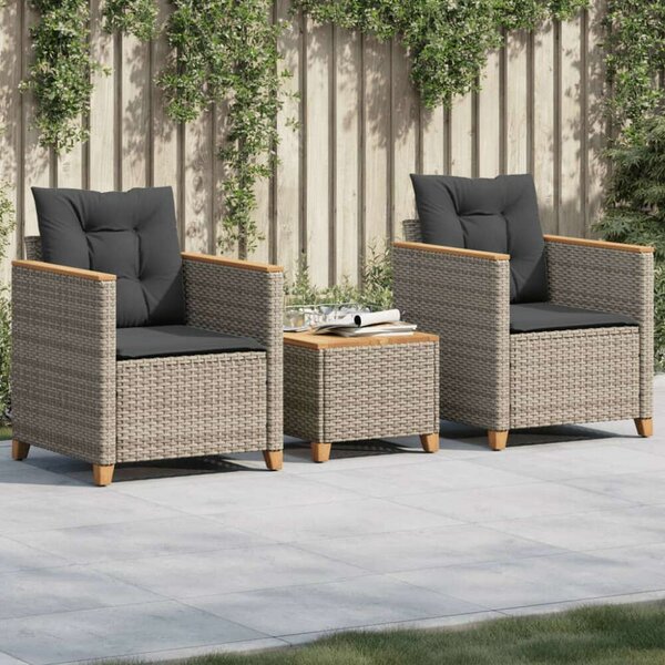 VidaXL 3 részes szürke polyrattan és akácfa bisztrószett párnákkal
