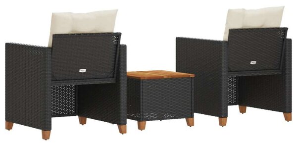 VidaXL 3 részes fekete polyrattan és akácfa bisztrószett párnákkal