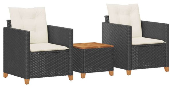 VidaXL 3 részes fekete polyrattan és akácfa bisztrószett párnákkal