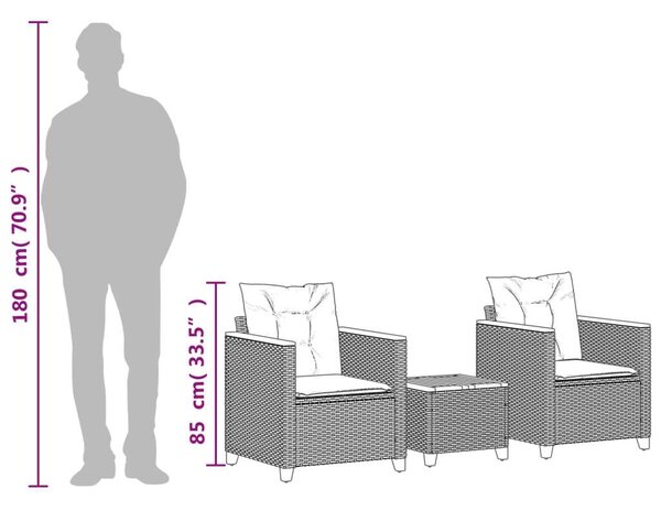 VidaXL 3 részes szürke polyrattan és akácfa bisztrószett párnákkal