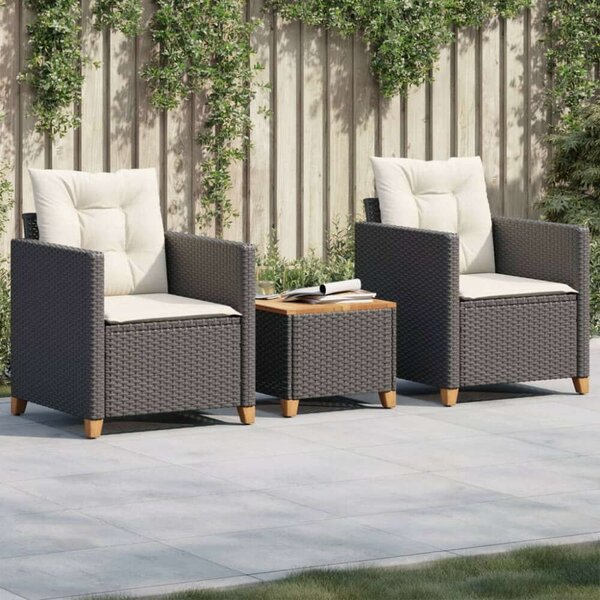 VidaXL 3 részes fekete polyrattan és akácfa bisztrószett párnákkal