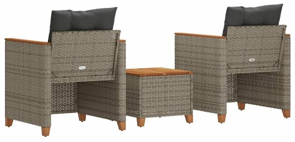 VidaXL 3 részes szürke polyrattan és akácfa bisztrószett párnákkal