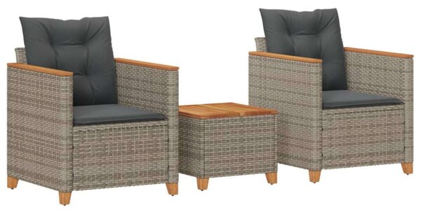 VidaXL 3 részes szürke polyrattan és akácfa bisztrószett párnákkal