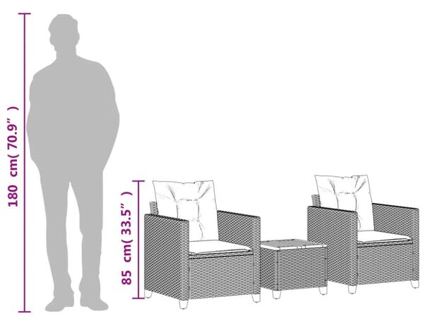 VidaXL 3 részes fekete polyrattan és akácfa bisztrószett párnákkal