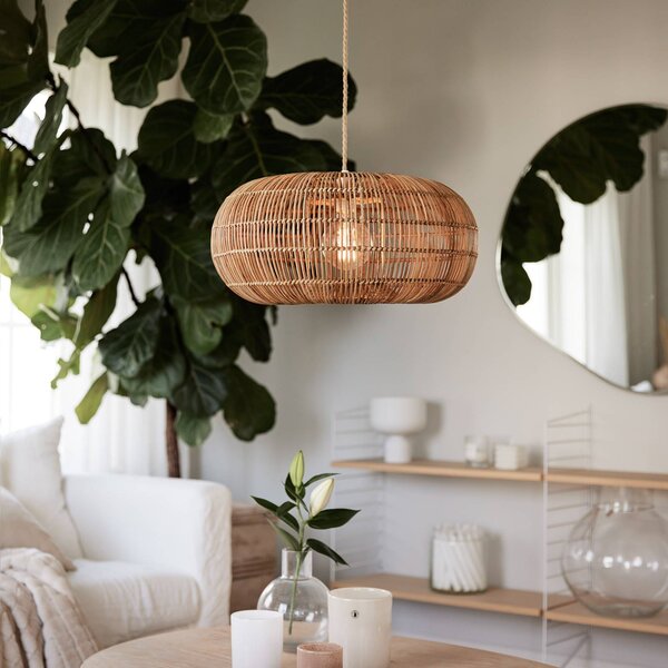 PR Home Zuri függeszték lámpa rattanból, Ø 51 cm, dimmelhető, Világos fa, Nappali / Étkező