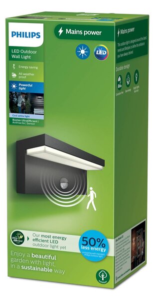 Philips LED kültéri fali lámpa Bustan UE, érzékelő, 4000 K, Fekete, Alumínium, Modern