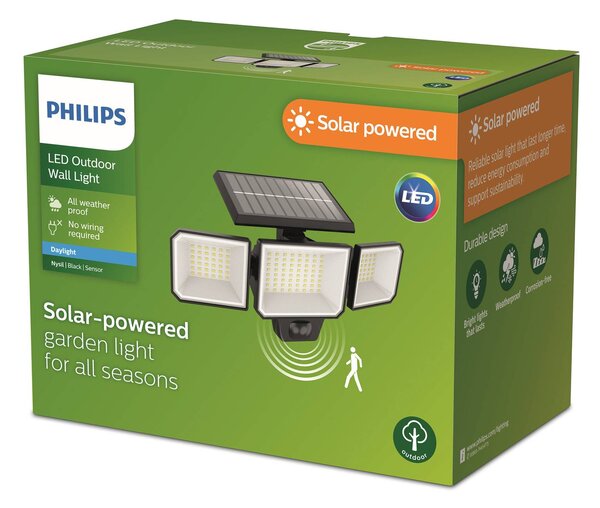 Philips LED es napelemes fali világítás Nysil, 3 izzós, érzékelővel, Fekete, Műanyag, Modern