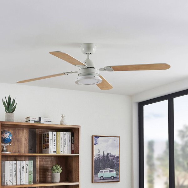 Lindby LED mennyezeti ventilátor Tedric, fehér, csendes, Ø 133 cm, Fehér / opál, Nappali / Étkező, fém, Vintage