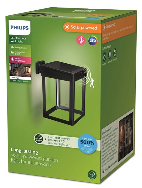 Philips Camill napelemes érzékelős fali lámpa, fekete/átlátszó, 14 x cm, Fekete, Műanyag, Modern