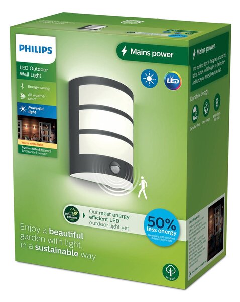 Philips LED kültéri fali lámpa Python UE, antracit, érzékelővel, Fekete, Rozsdamentes acél, Modern