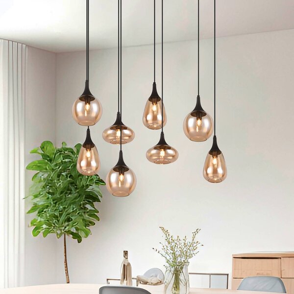 Trio Lighting Lumina függőlámpa, 8-as lámpa, fekete/borostyán, üveg, dimmelhető, Nappali / Étkező, Üveg, Modern