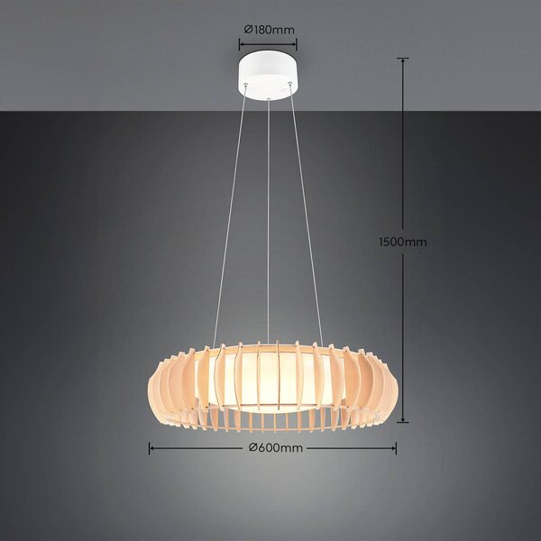 Reality Leuchten Monte LED-es függőlámpa, Ø 60 cm, világos fa, CCT, dimmelhető, Világos fa, Nappali / Étkező, Fa, Skandináv