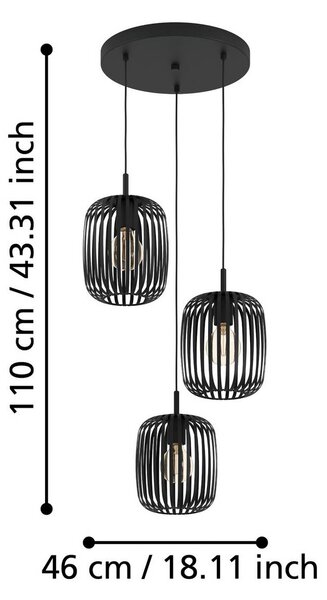 EGLO Romazzina függőlámpa, Ø 46 cm, fekete, 3-lámpás, acél, dimmelhető, Fekete, Nappali / Étkező, fém, Modern
