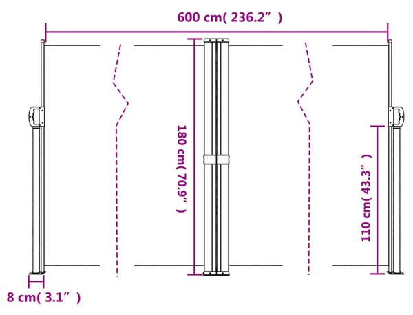 VidaXL fekete behúzható oldalsó napellenző 180 x 600 cm