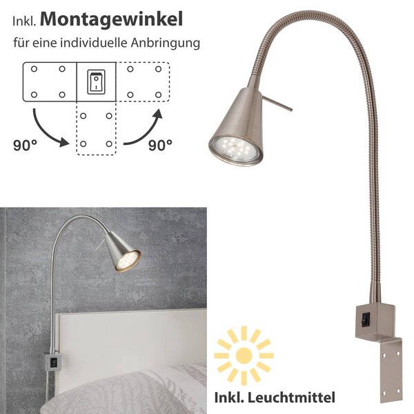 Briloner LED fali lámpa Tuso, nikkel, ágyra szerelhető, fém, Alu / szürke / cink, Hálószoba, fém, Modern