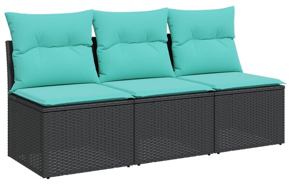 Fekete 3 személyes polyrattan kerti kanapé párnákkal