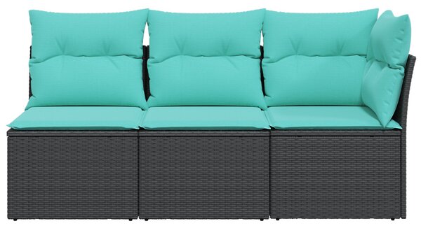 Fekete 3 személyes polyrattan kerti kanapé párnákkal