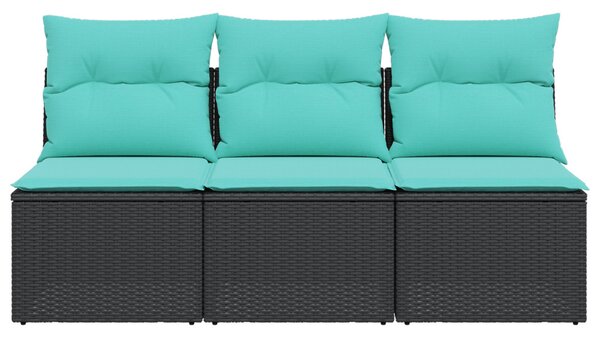 Fekete 3 személyes polyrattan kerti kanapé párnákkal