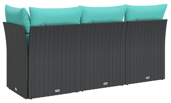 Fekete 3 személyes polyrattan kerti kanapé párnákkal