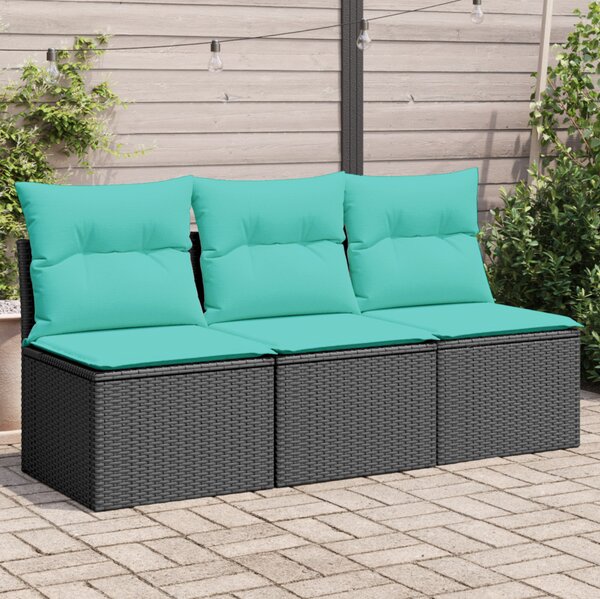 Fekete 3 személyes polyrattan kerti kanapé párnákkal