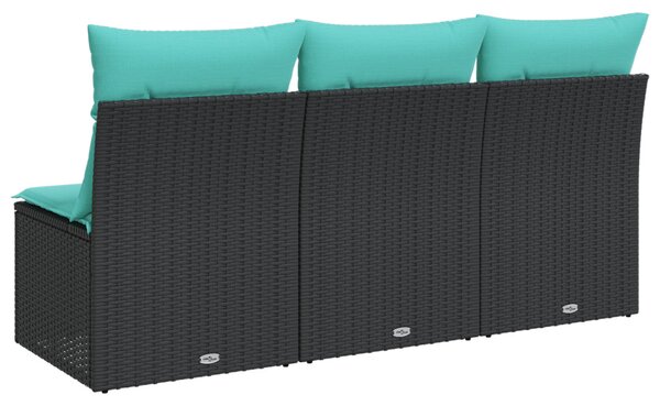 Fekete 3 személyes polyrattan kerti kanapé párnákkal