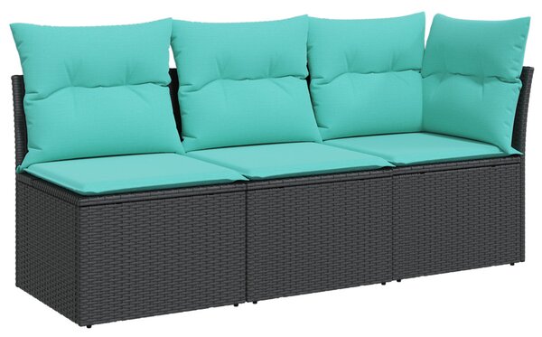 Fekete 3 személyes polyrattan kerti kanapé párnákkal