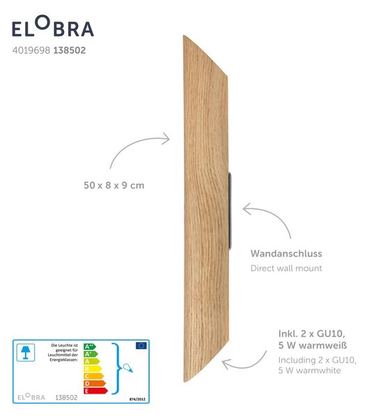 Elobra LED fali lámpa Colombia, natúr tölgy, dimmelhető, Világos fa, Nappali / Étkező, Fa, Modern