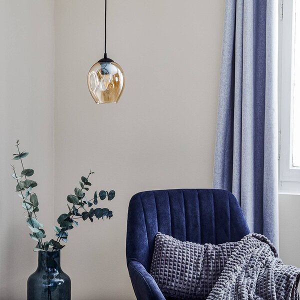 EMIBIG LIGHTING Starla függő lámpa, 1 izzó, üvegburás, borostyánszínű, dimmelhető, Fekete, Nappali / Étkező, Üveg, Modern