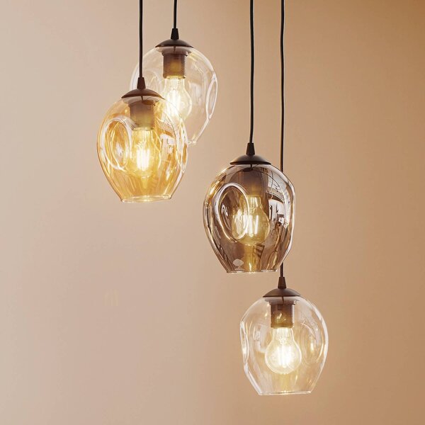 EMIBIG LIGHTING Starla függő lámpa, kerek, 4-lámpás, grafit/borostyán/átlátszó, dimmelhető, Fekete, Nappali / Étkező, Üveg, Modern