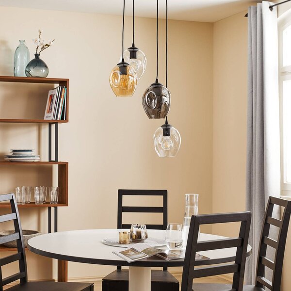 EMIBIG LIGHTING Starla függő lámpa, kerek, 4-lámpás, grafit/borostyán/átlátszó, dimmelhető, Fekete, Nappali / Étkező, Üveg, Modern