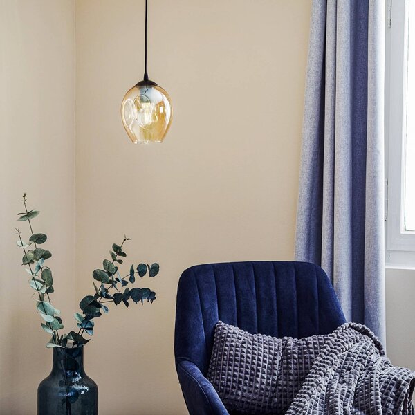 EMIBIG LIGHTING Starla függő lámpa, 1 izzó, üvegburás, borostyánszínű, dimmelhető, Fekete, Nappali / Étkező, Üveg, Modern