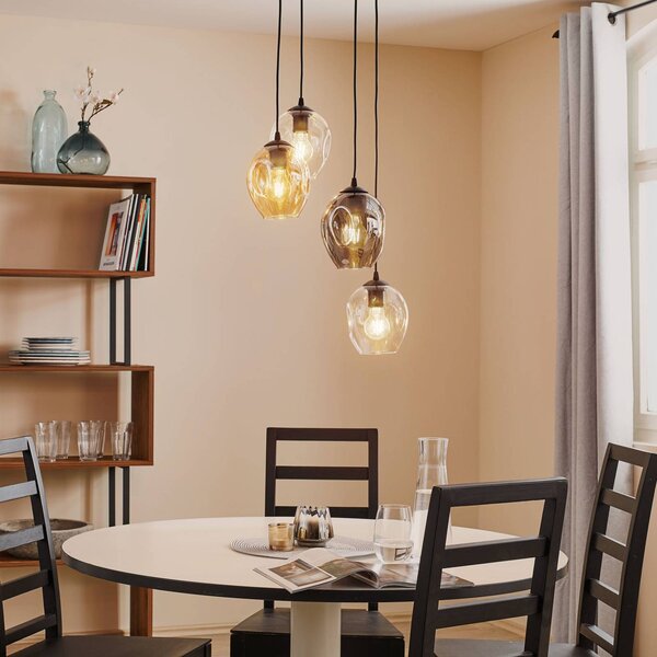 EMIBIG LIGHTING Starla függő lámpa, kerek, 4-lámpás, grafit/borostyán/átlátszó, dimmelhető, Fekete, Nappali / Étkező, Üveg, Modern