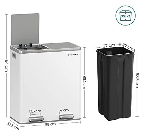 Dupla szemetes, fém szelektív hulladékgyűjtő 15 szemeteszsákkal, 2 × 30 L, fehér–szürke