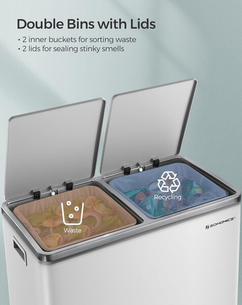 Dupla szemetes, fém szelektív hulladékgyűjtő 15 szemeteszsákkal, 2 × 30 L, fehér–szürke