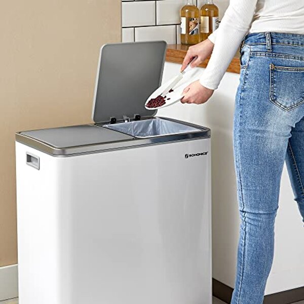 Dupla szemetes, fém szelektív hulladékgyűjtő 15 szemeteszsákkal, 2 × 30 L, fehér–szürke